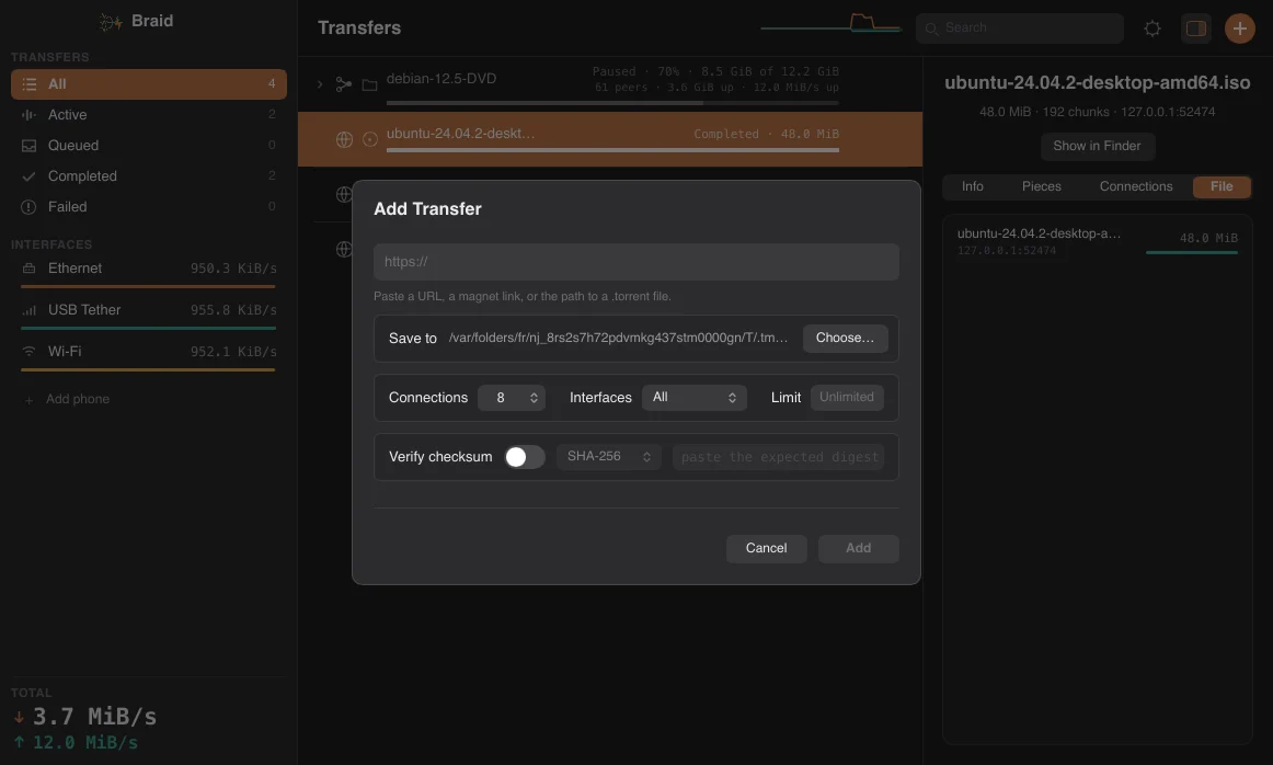 The Add Transfer dialog with fields for the URL, save location, connections, interfaces and an expected checksum