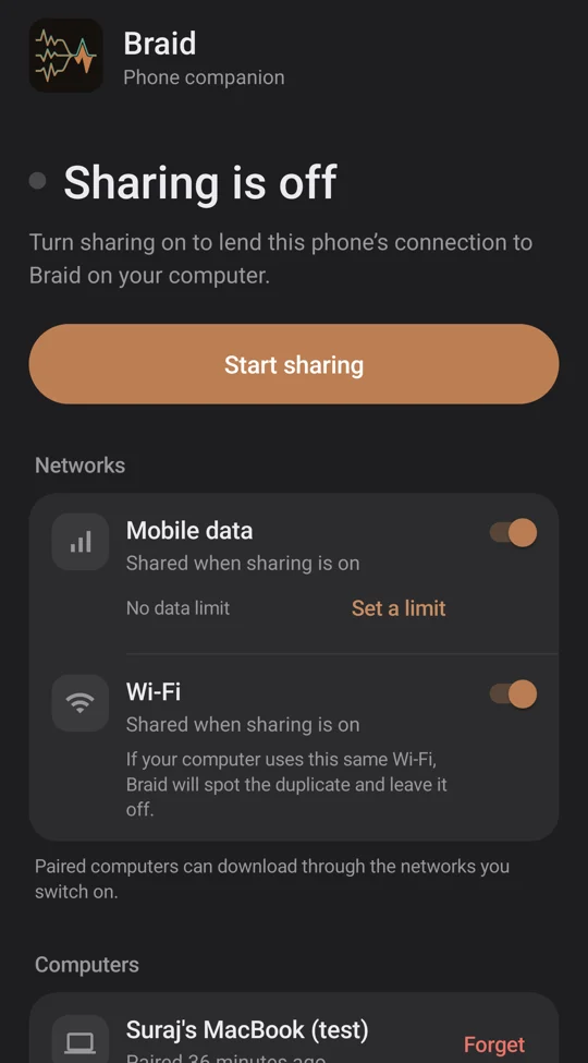 Sharing is off, with a Start sharing button