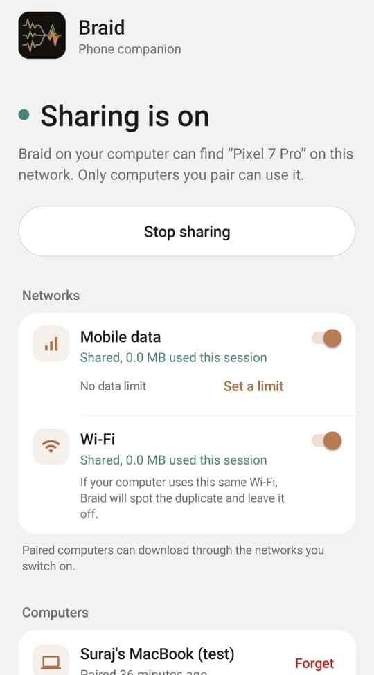 Braid for Android with sharing on and mobile data and Wi-Fi switched on