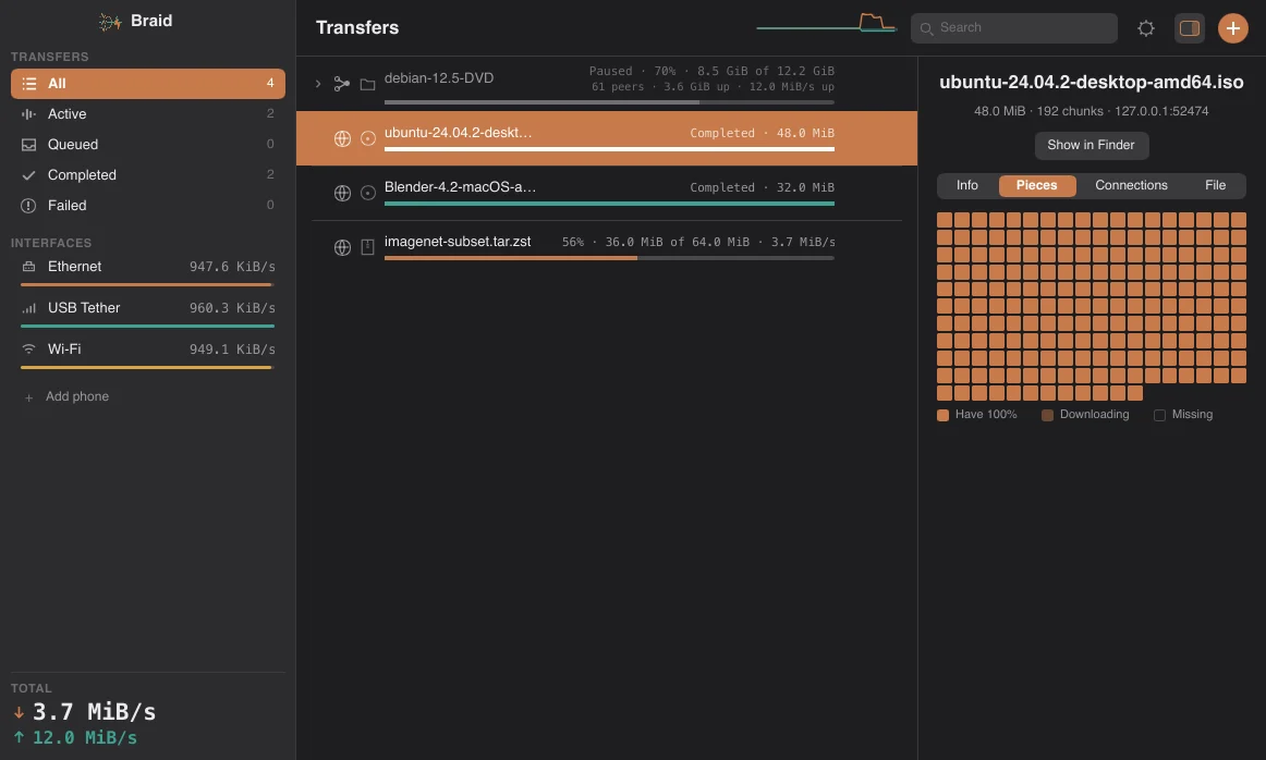 Braid's inspector showing a completed piece map of 192 chunks for an Ubuntu ISO