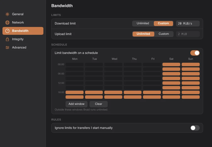 Bandwidth settings with a 20 MiB/s download limit painted over weekday evenings and weekends