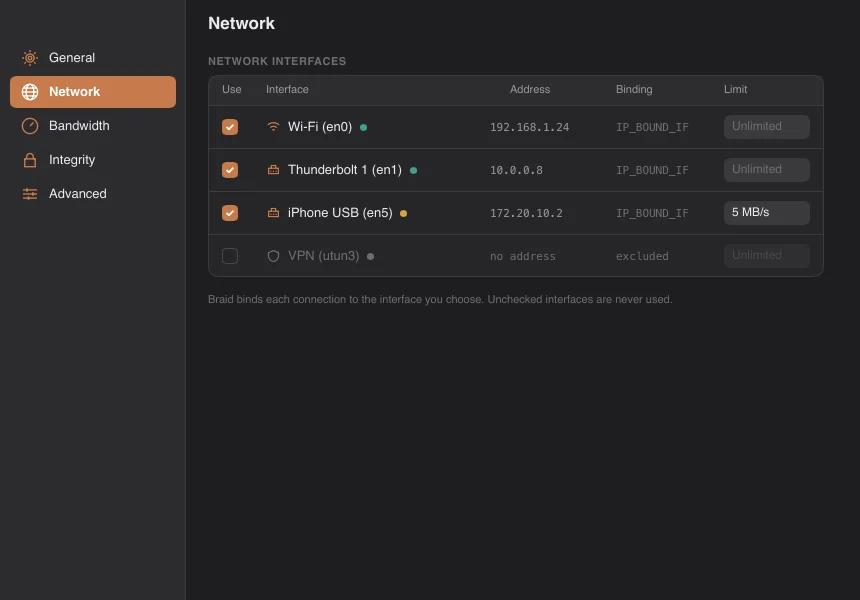 Network settings listing Wi-Fi, Thunderbolt and iPhone USB interfaces bound with IP_BOUND_IF, and a VPN excluded