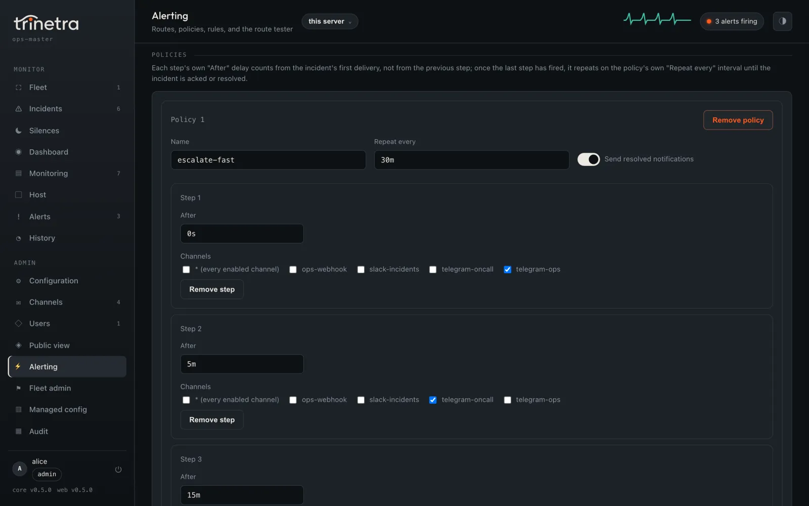 Escalation policies with steps, delays and channel checkboxes