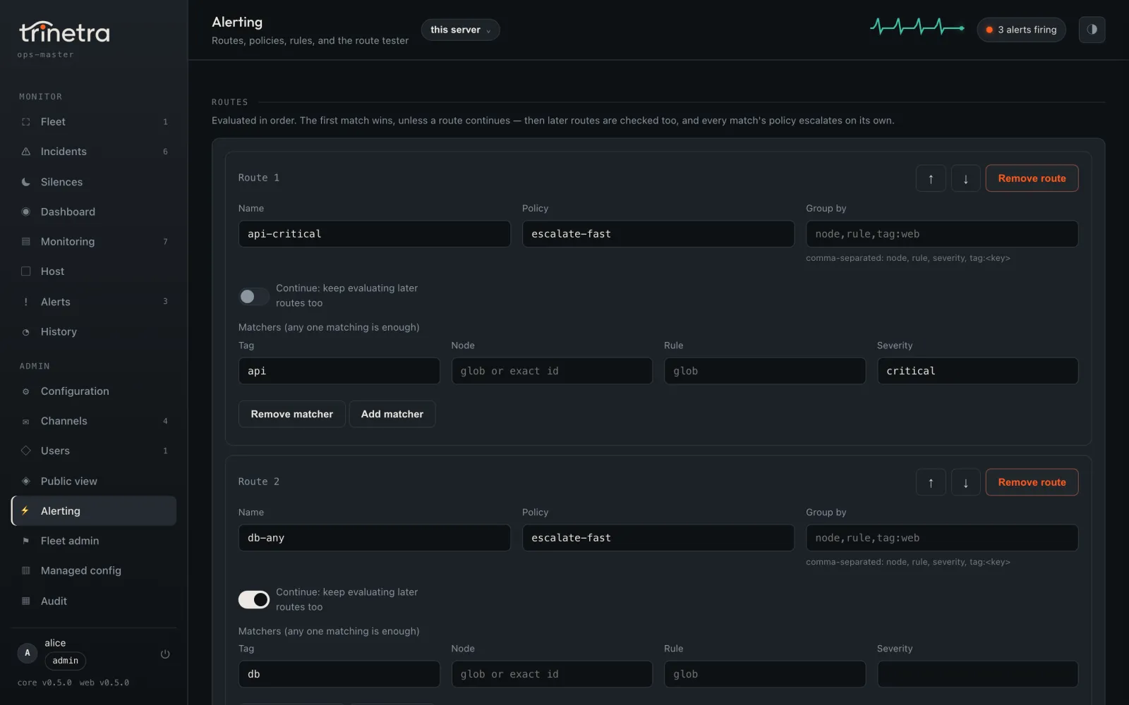 Routes editor with ordered routes matching tags, nodes, rules and severities, and a continue toggle