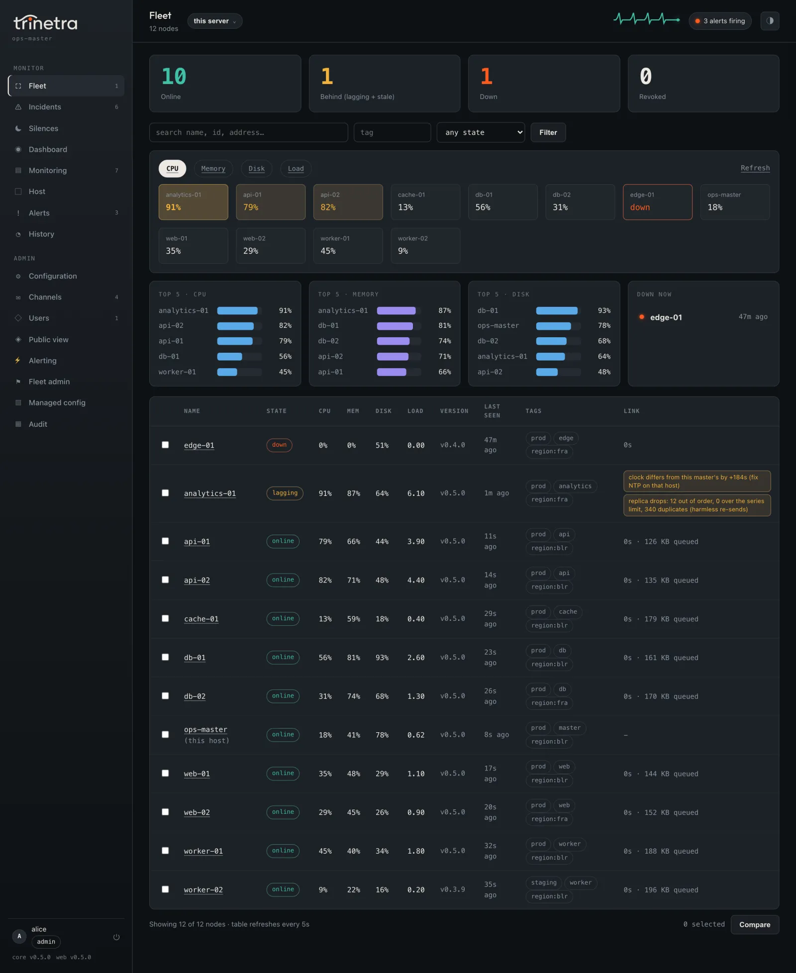 Fleet overview: node counts, a CPU heatmap of twelve servers, top-five CPU, memory and disk, a down-now list and the node table