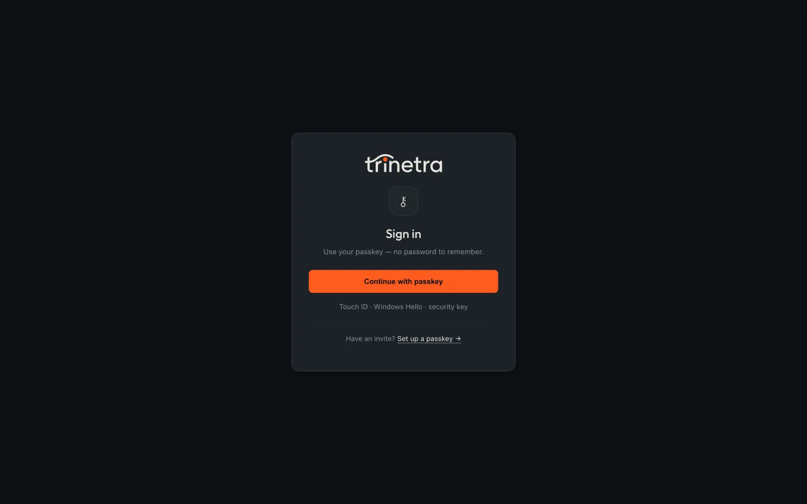 Trinetra's passkey sign-in screen