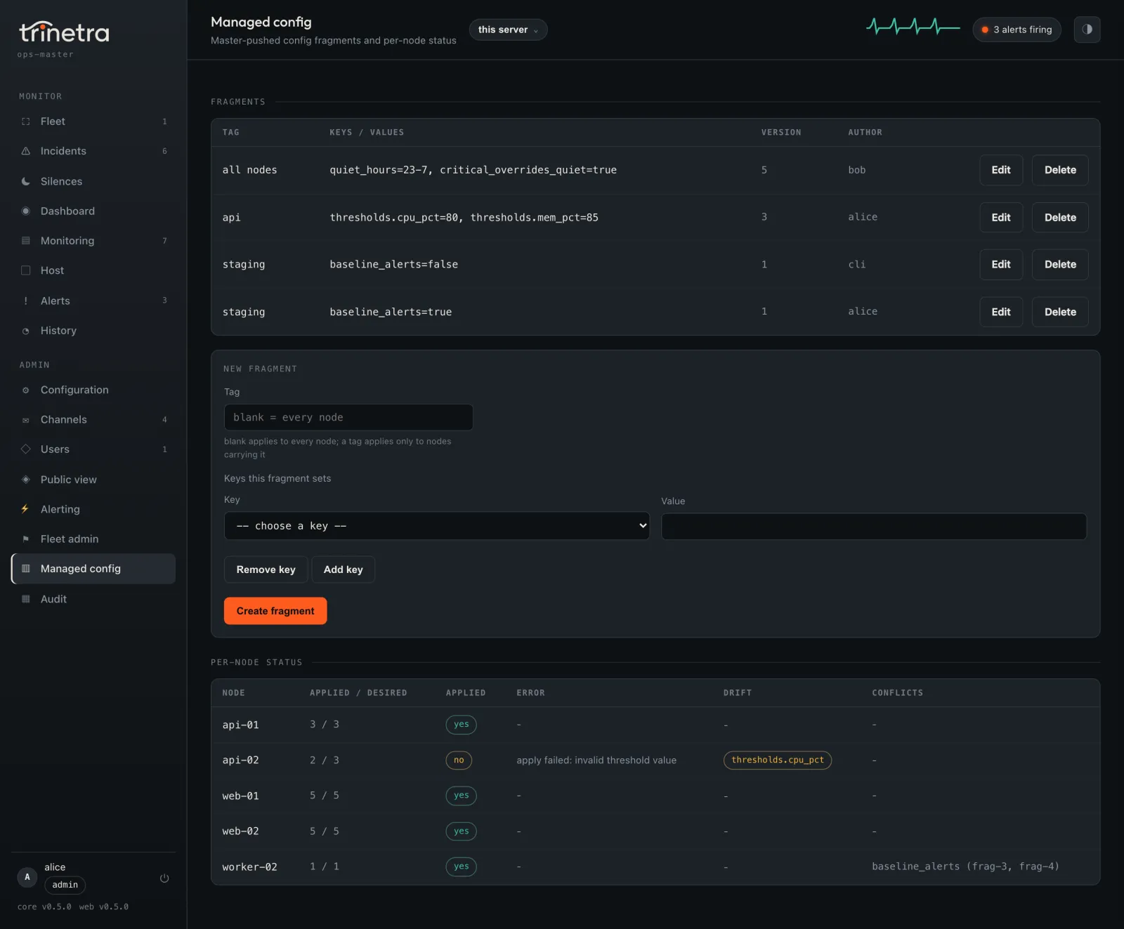 Managed config: fragments by tag and each node's applied, drift and conflict status