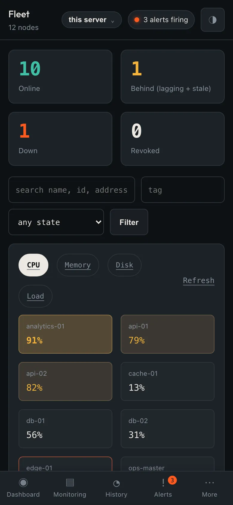 The fleet page on a phone with the bottom tab bar