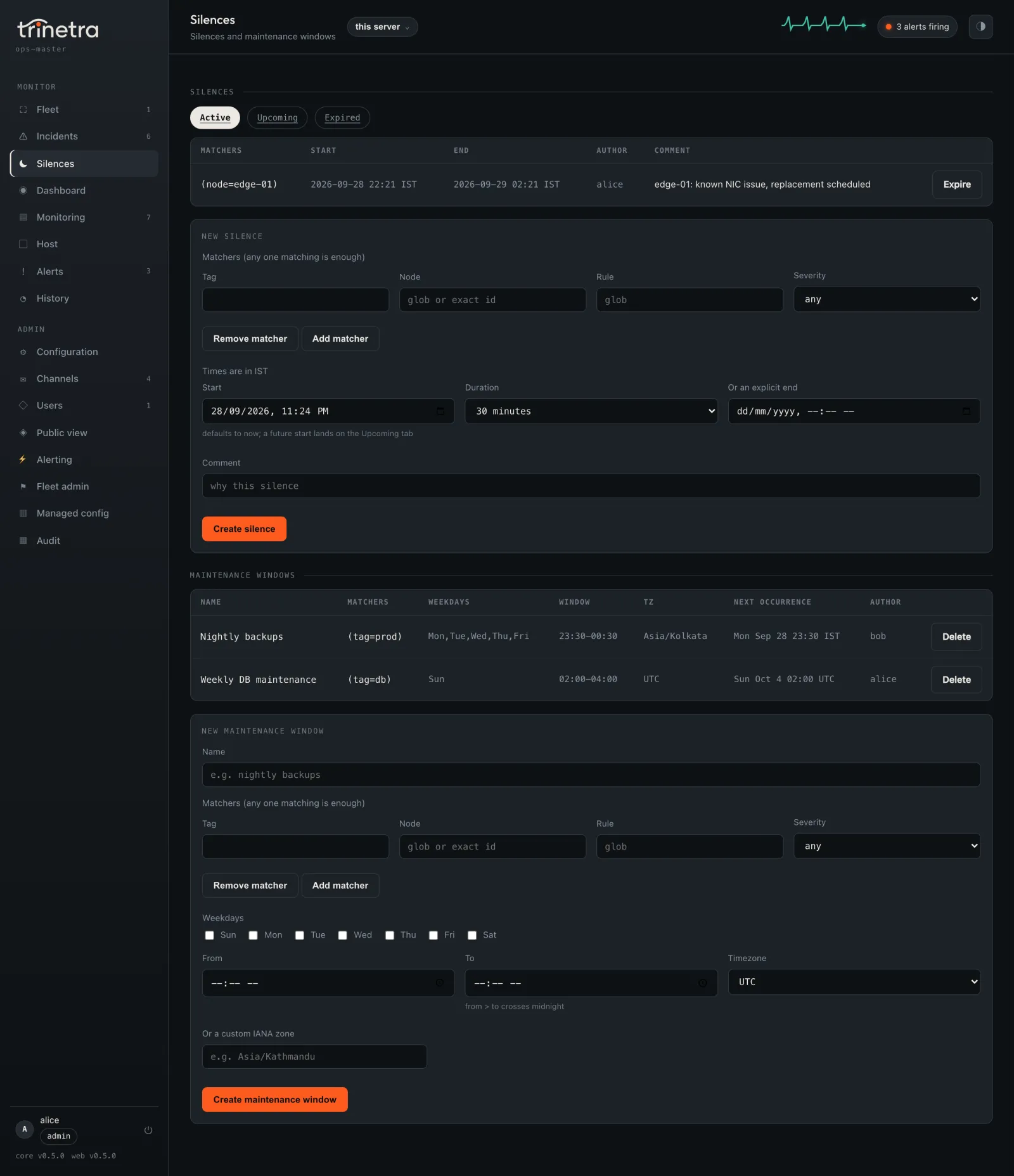 Silences page: an active silence for edge-01, the new-silence form and two recurring maintenance windows