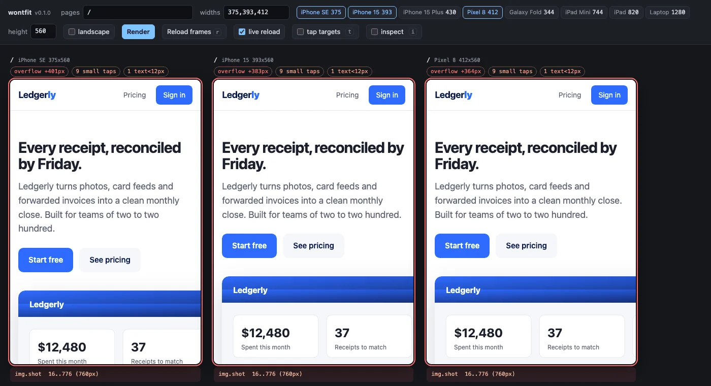 Three copies of a landing page at iPhone SE, iPhone 15 and Pixel 8 widths, each flagged for horizontal overflow by 364 to 401 pixels