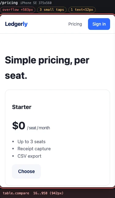 A pricing page at 375px wide flagged with overflow of 583 pixels, culprit table.compare
