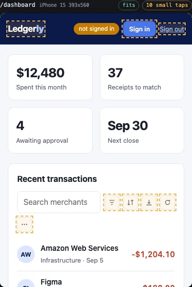 Dashed outlines drawn around small buttons and links on a phone-width page