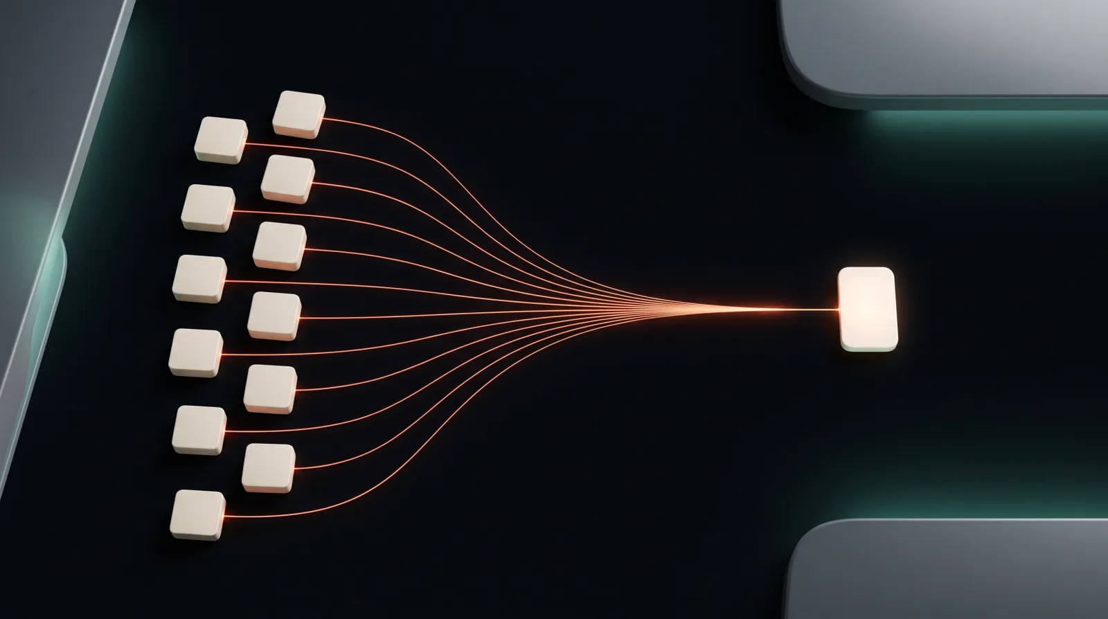 Eleven small ivory blocks on the left, each sending a thin orange light trail; the trails converge into one glowing card on the right