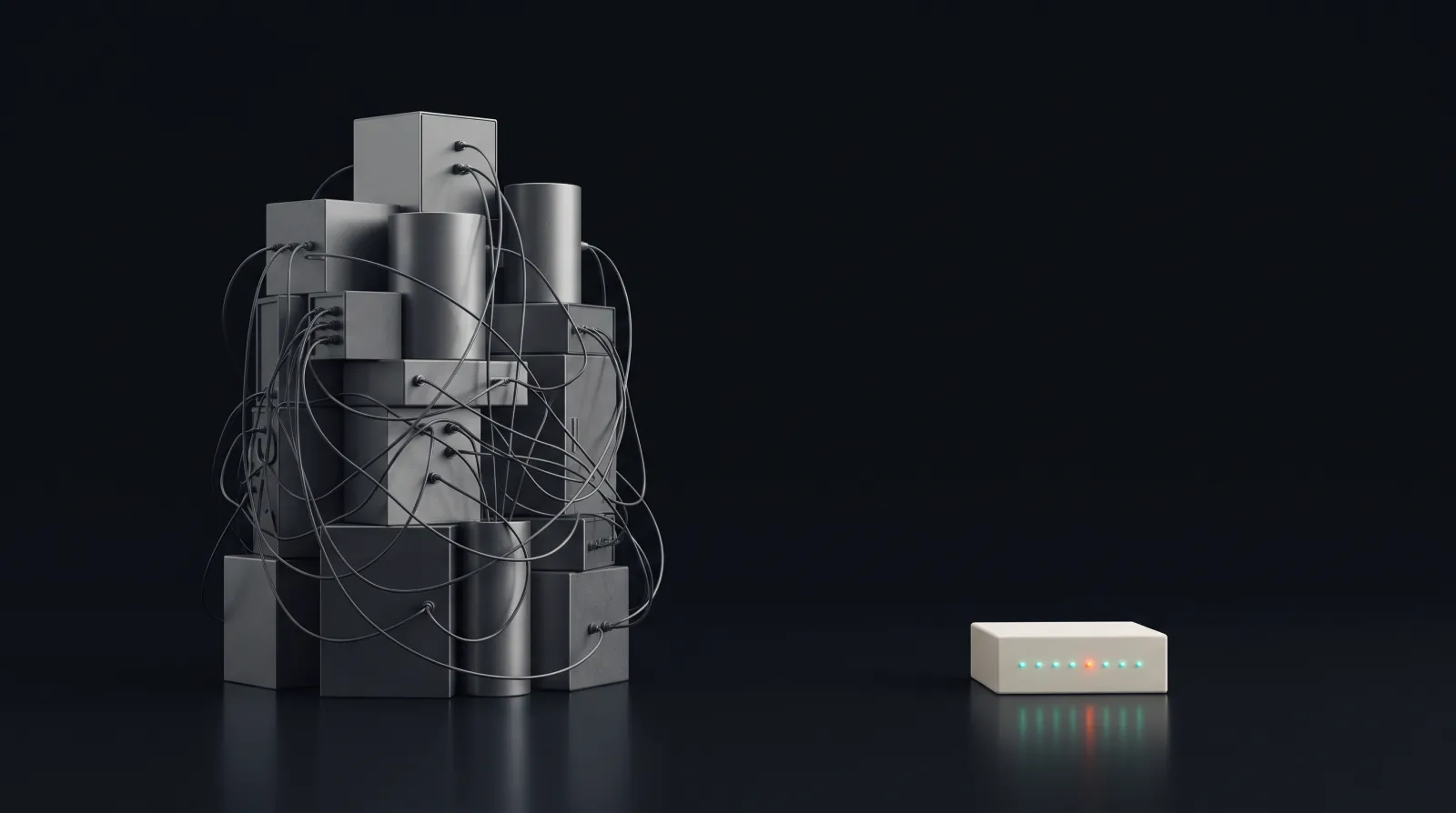 A tangled stack of grey boxes and cables on the left, a single small ivory box with one orange light on the right