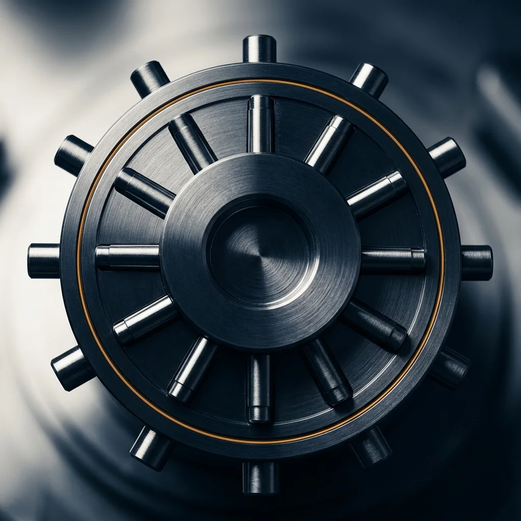 Machined steel vault locking wheel with an amber circumference line